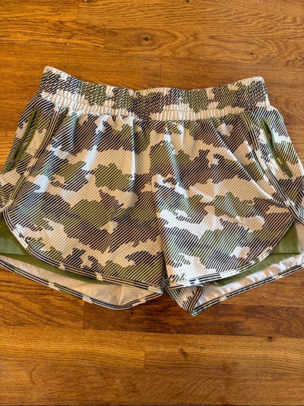 Avia Women’s Camo Athletic Shorts with spandex inner — Olive, White & Black